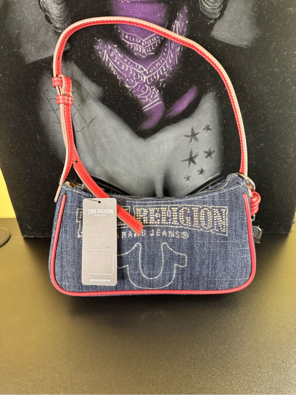 True Religion Denim Shoulder Bag with Red Trim and Strap